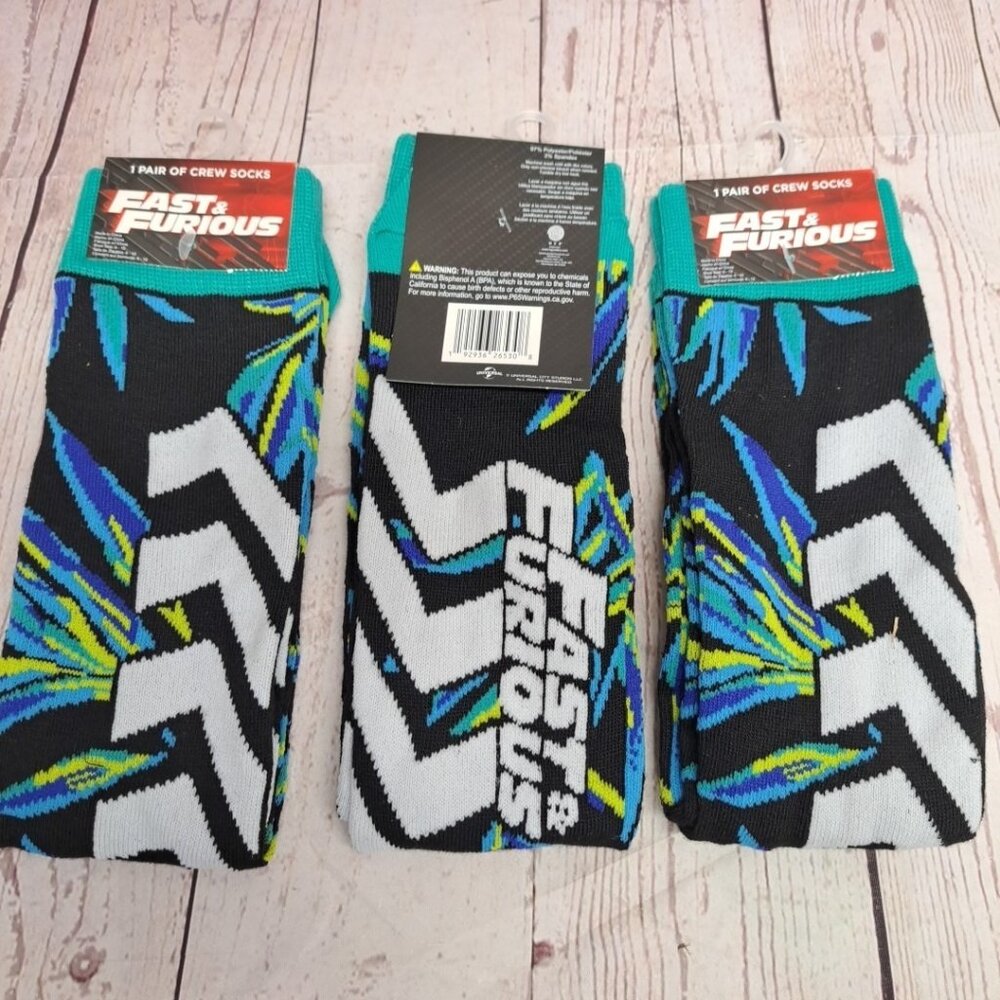 3 Pair Universal Studios Fast & Furious Crew Socks One‎ Size All Over Graphics